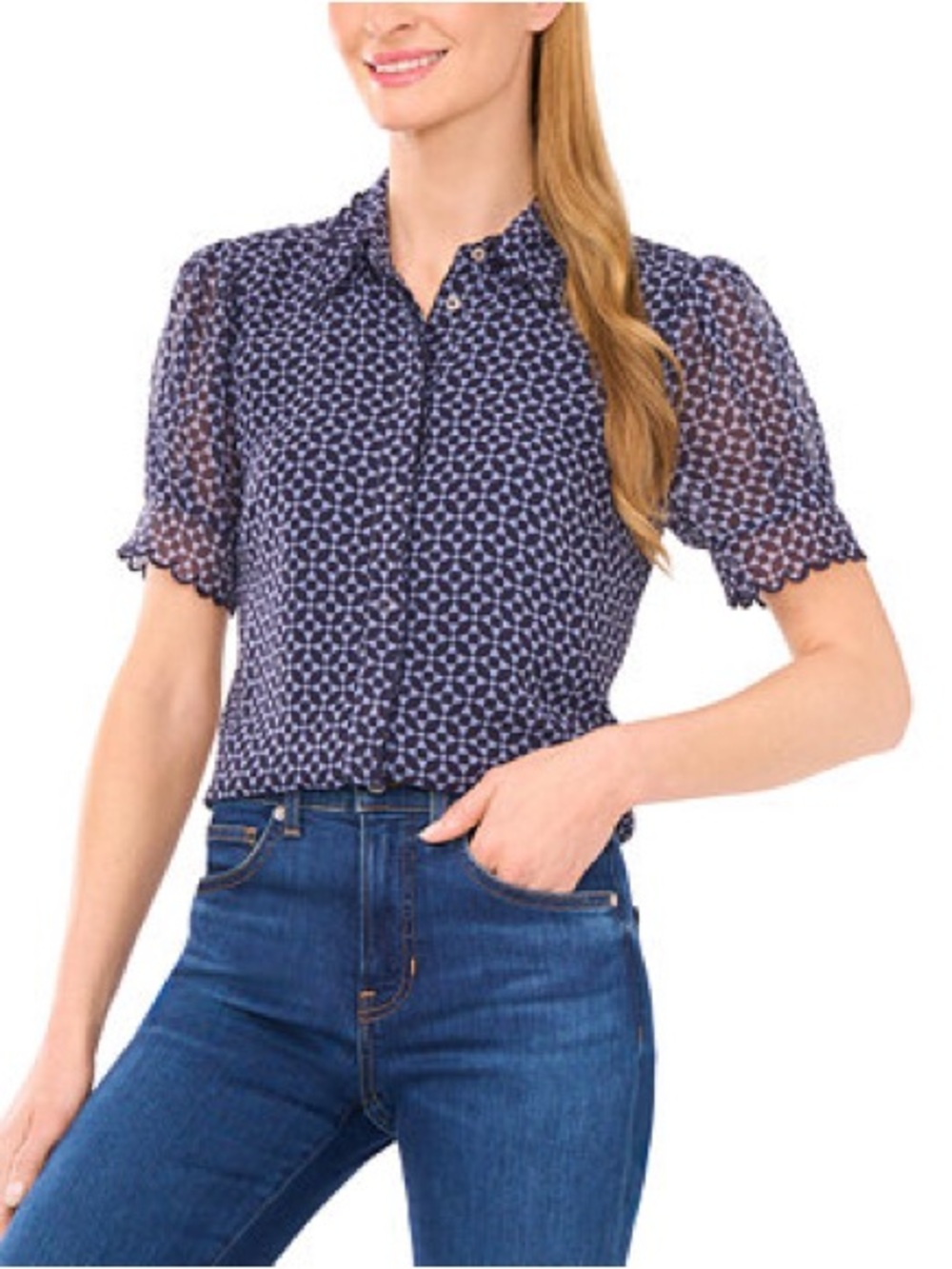CeCe Scallop-Edge Geo-Print Blouse